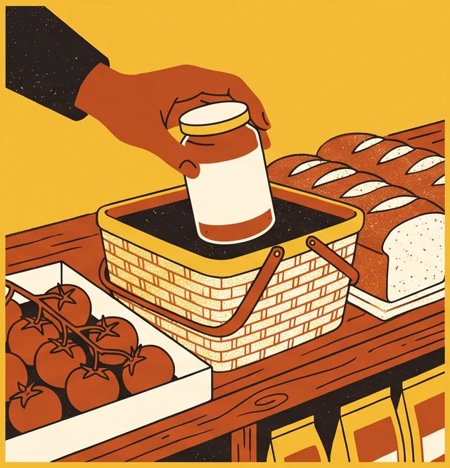 Illustration: a hand placing a jar into a woven basket on a shop shelf beside bread and tomatoes.