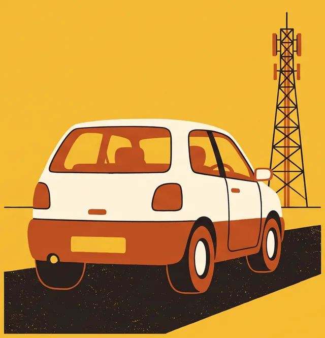 Illustration: the ZimBasket hatchback driving past a tall communications tower.