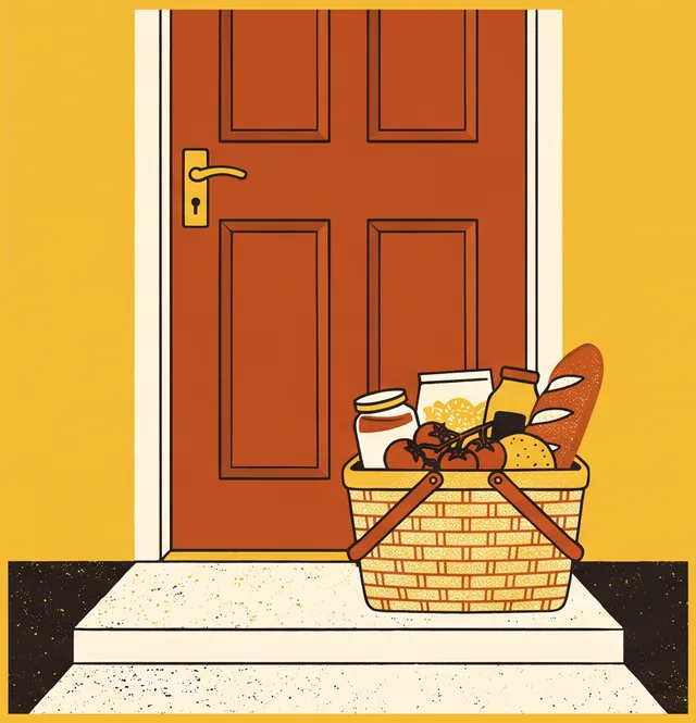 Illustration: a full woven basket of groceries waiting on a front doorstep.